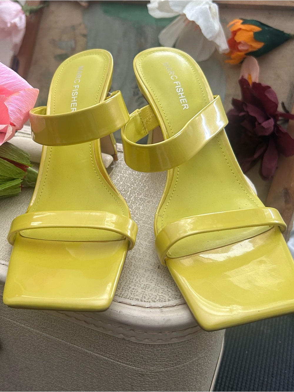 Marc Fisher Lemon Patent Double-Strap Mule Heels